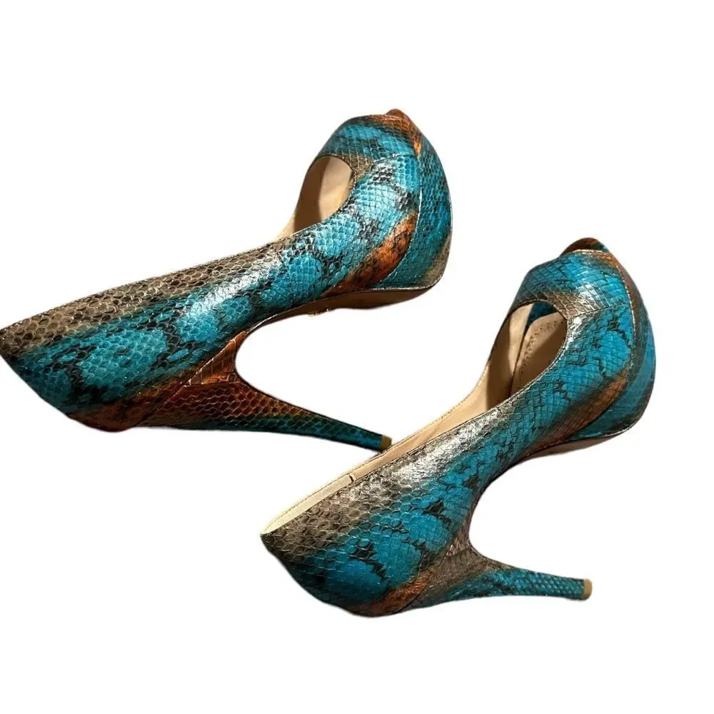 Pour La Victoire Snakeskin Peep-Toe Platform Heels – Size 8.5